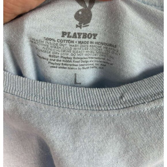 Playboy Mens Long Sleeve Shirt Crewneck Big Bunny Logo Cotton Light Blue Size L - Picture 3 of 6